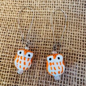 Whimsical Ceramic Owl Earrings, Hand made and Painted in Orange